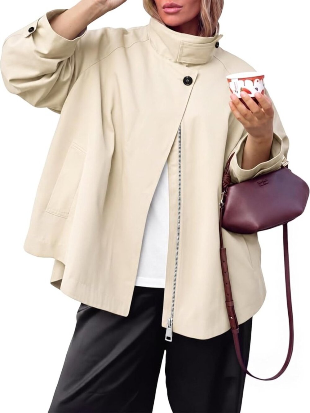 Oversized Tan Trench Coat with Stand Collar | Casual Fall Jacket for Women
